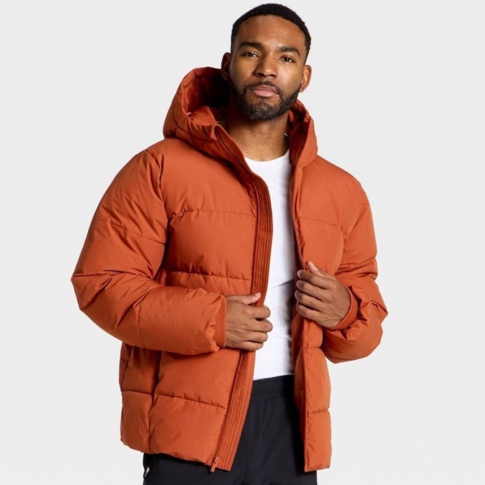 NWT All In Motion Mens Puffer Jacket Hooded Water Resistant Rust Brown Medium